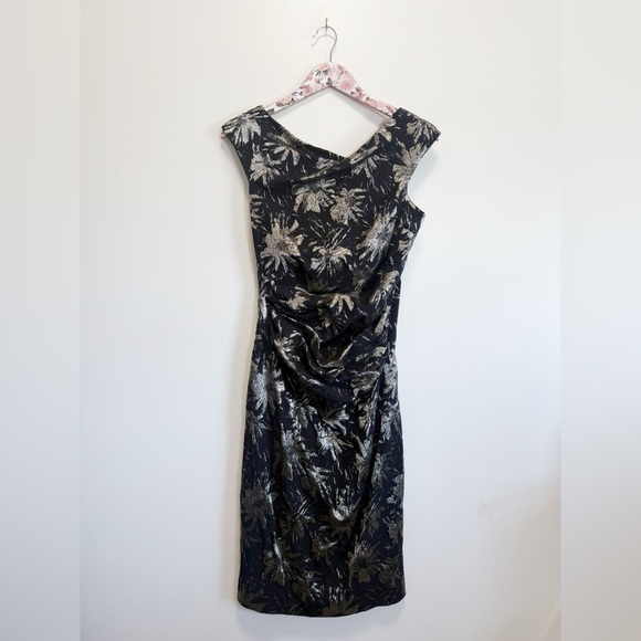 RICKIE FREEMAN TERI JON Black Gold Metallic Ruched Dress Asymmetrical Women’s 8 - Picture 2 of 12
